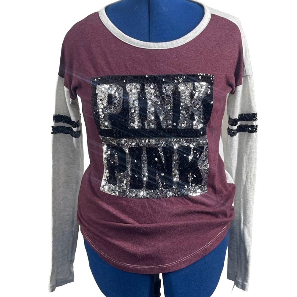 PINK VICTORIA'S SECRET‎ Burgundy Grey Black Silver Sequins Top XS Long Sleeves